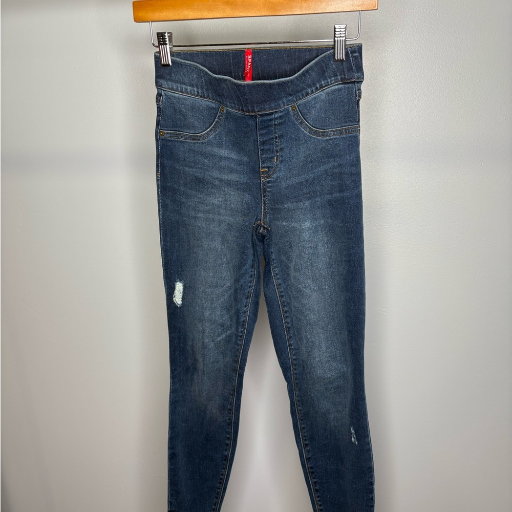 SPANX Dark Blue Stretch Jeggings with Subtle Distressing